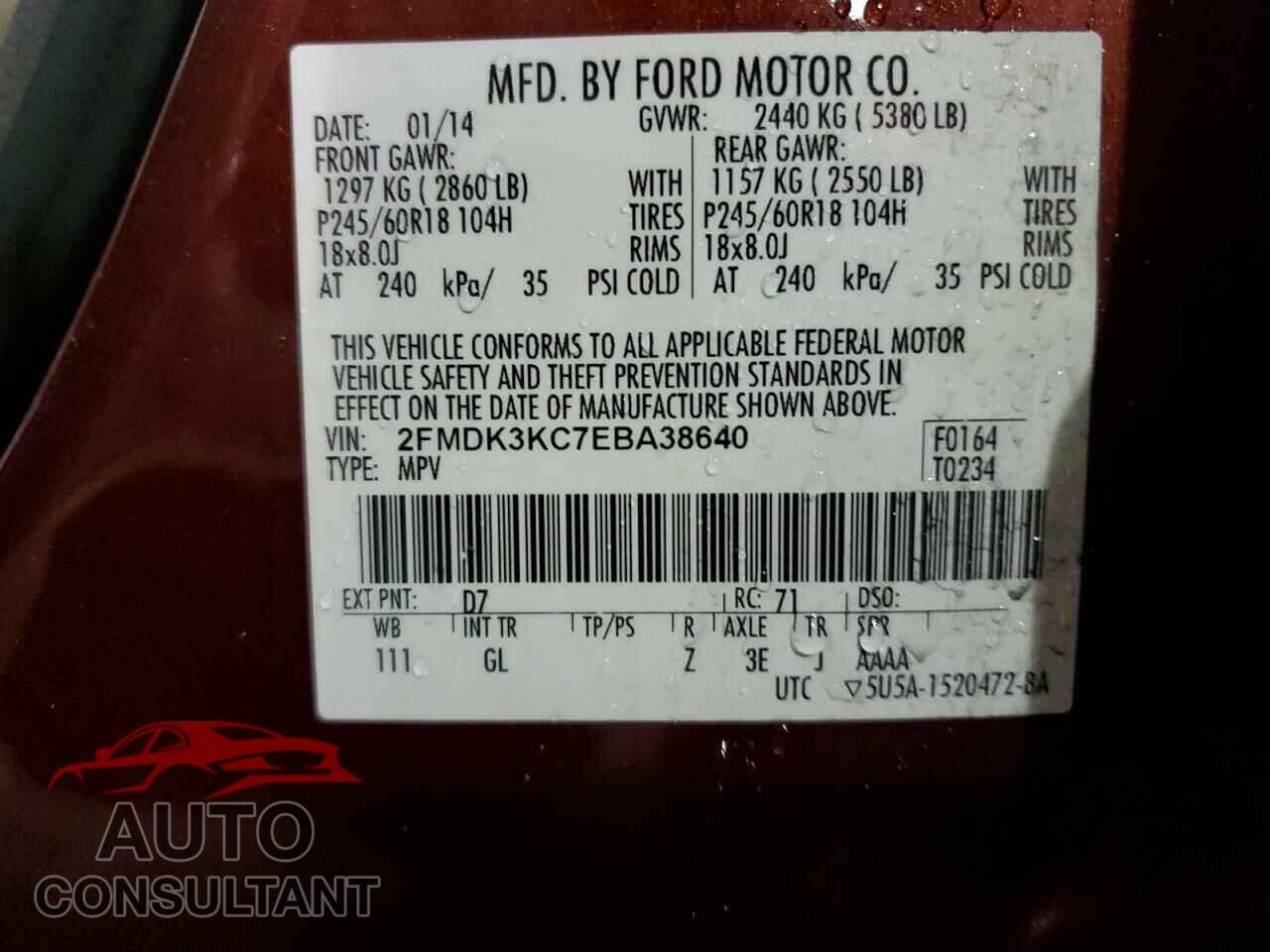 FORD EDGE 2014 - 2FMDK3KC7EBA38640