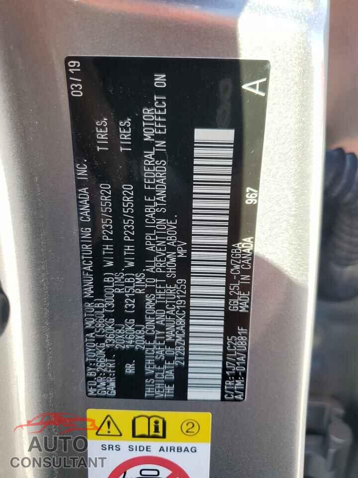 LEXUS RX350 2019 - 2T2BZMCA8KC191259