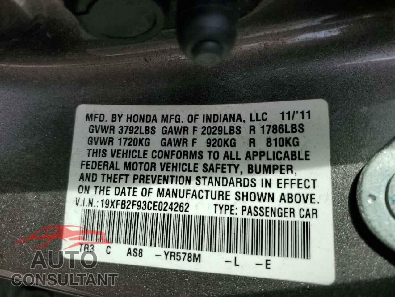 HONDA CIVIC 2012 - 19XFB2F93CE024262