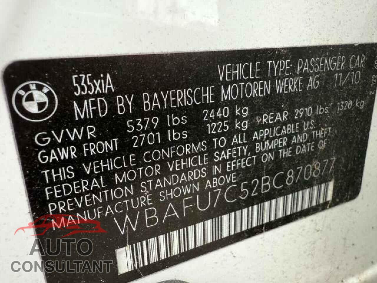 BMW 5 SERIES 2011 - WBAFU7C52BC870877