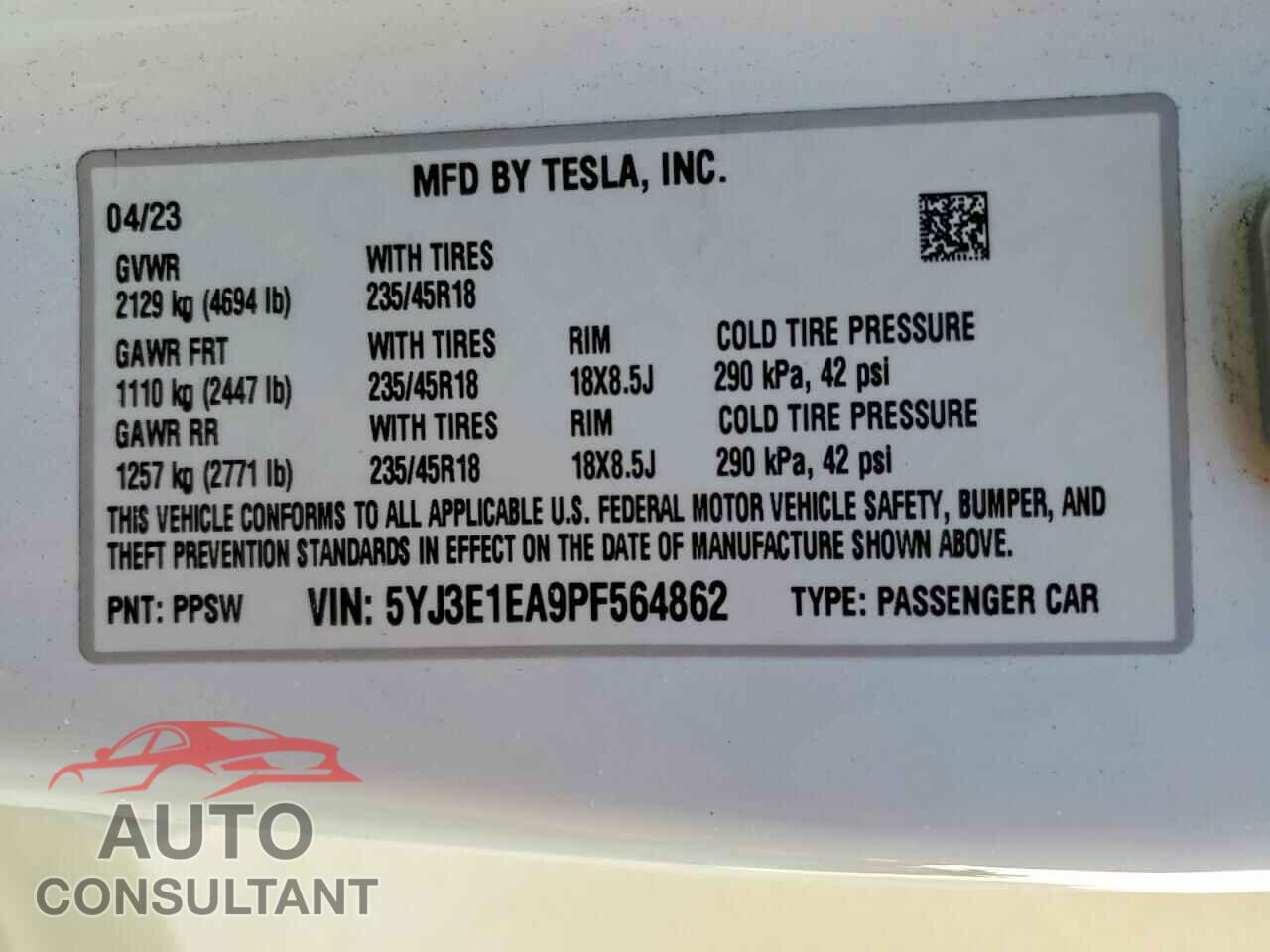 TESLA MODEL 3 2023 - 5YJ3E1EA9PF564862