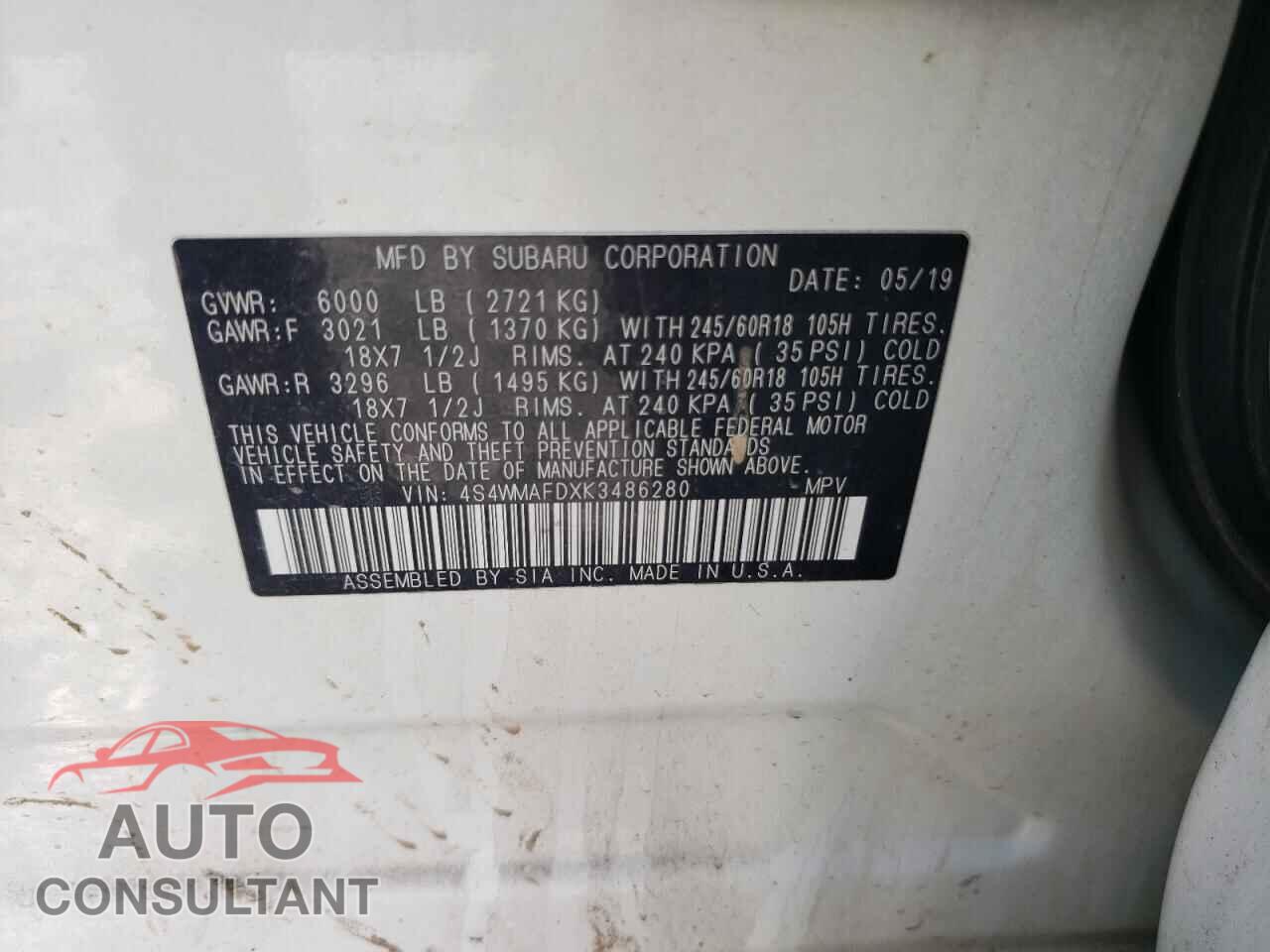 SUBARU ASCENT 2019 - 4S4WMAFDXK3486280