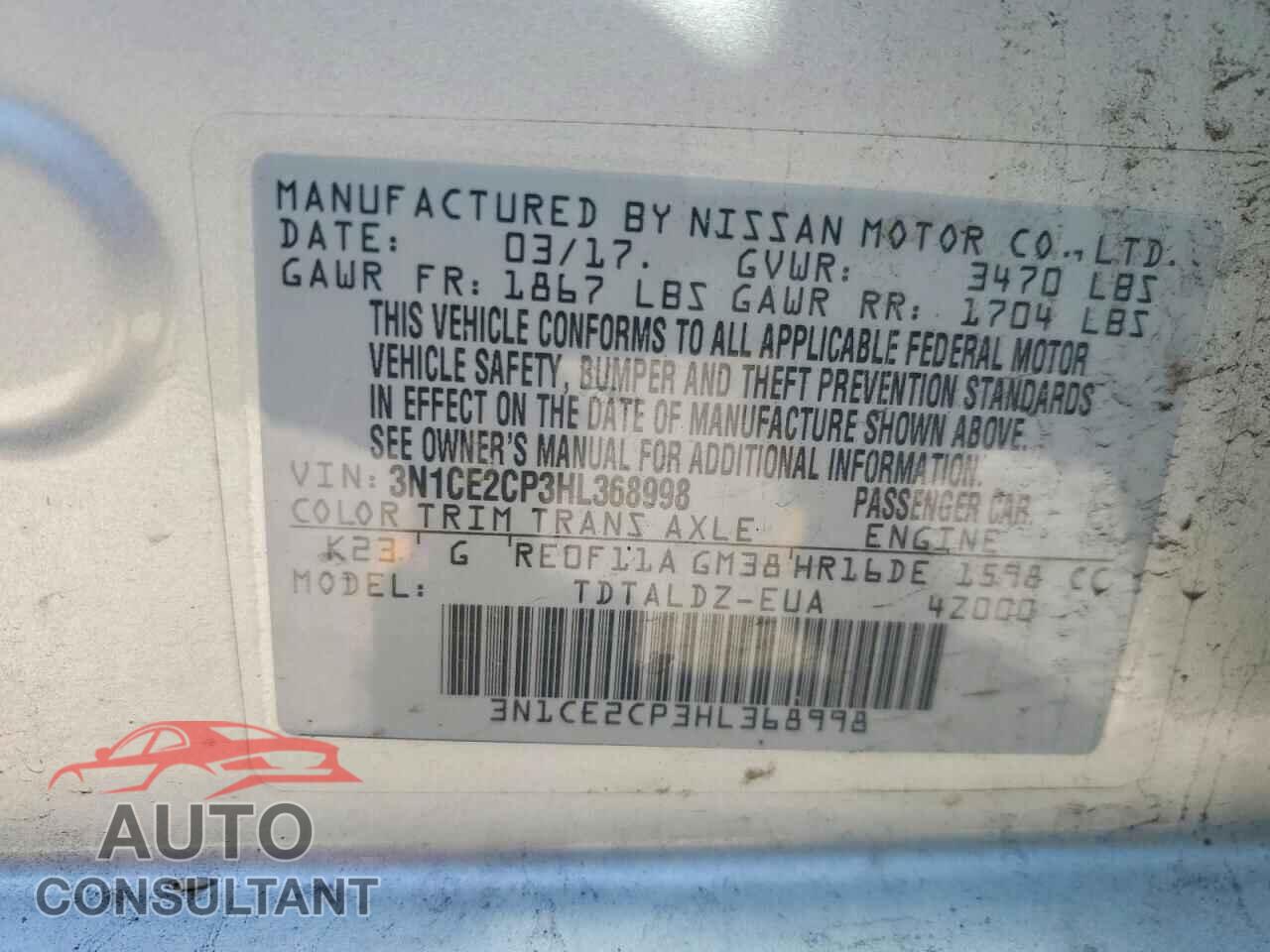 NISSAN VERSA 2017 - 3N1CE2CP3HL368998
