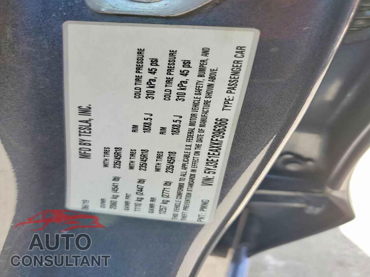 TESLA MODEL 3 2019 - 5YJ3E1EAXKF396366
