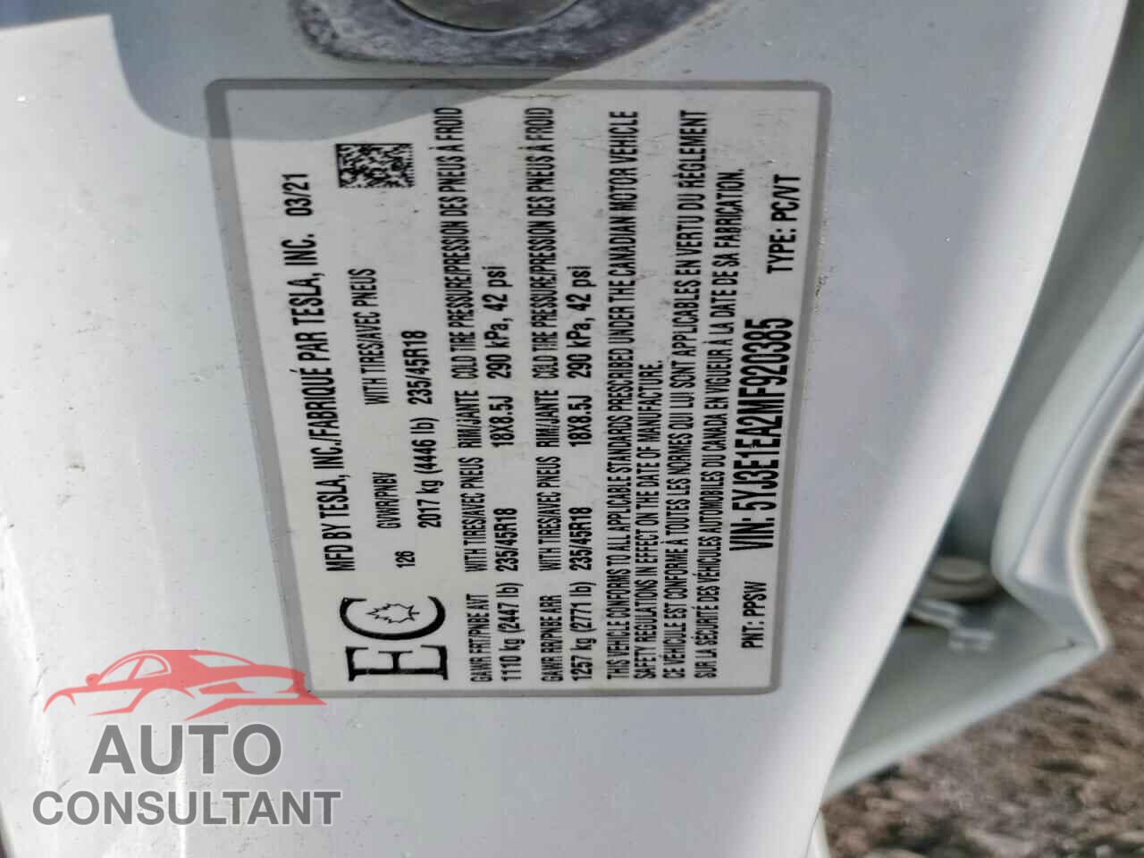 TESLA MODEL 3 2021 - 5YJ3E1EA2MF920385