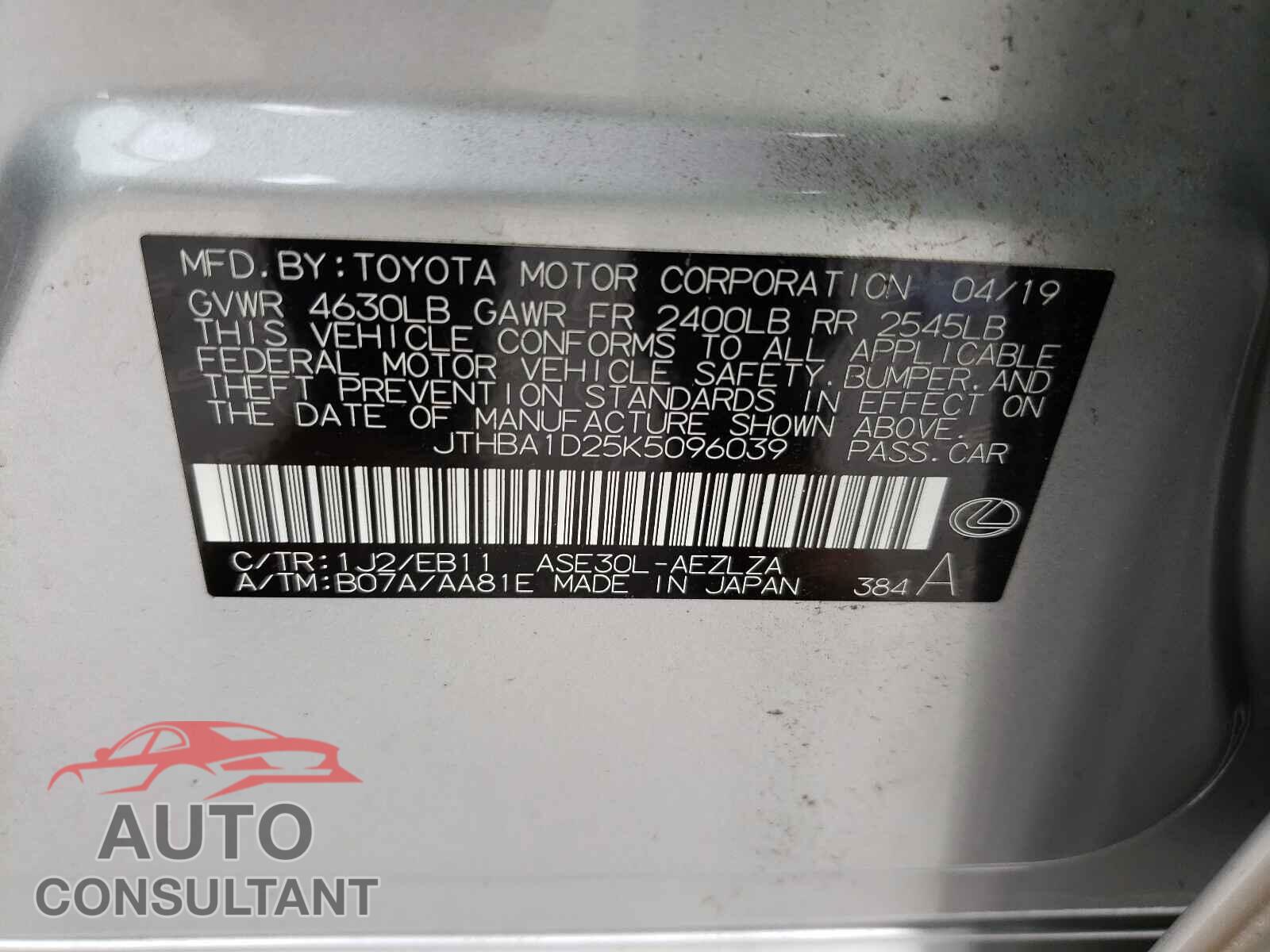 LEXUS IS 2019 - JTHBA1D25K5096039