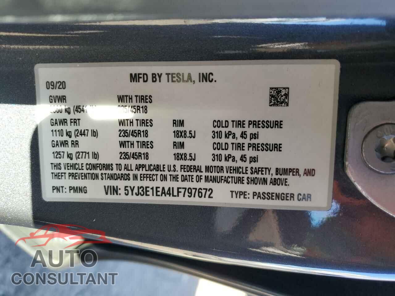 TESLA MODEL 3 2020 - 5YJ3E1EA4LF797672