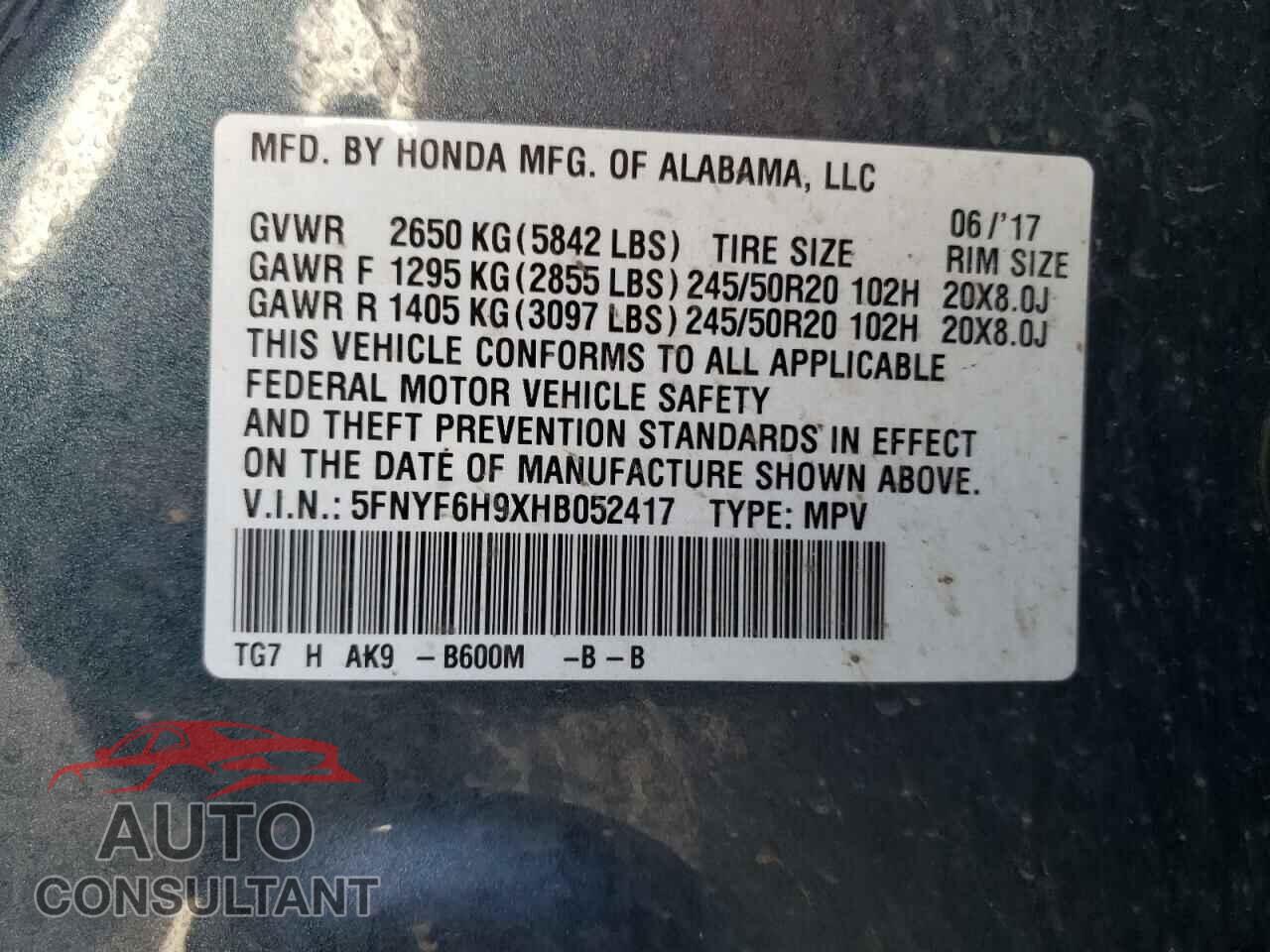 HONDA PILOT 2017 - 5FNYF6H9XHB052417