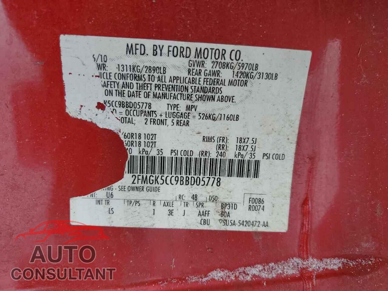 FORD FLEX 2011 - 2FMGK5CC9BBD05778