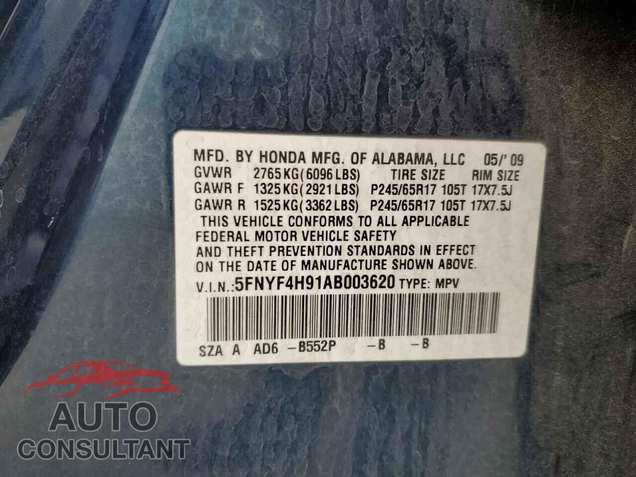 HONDA PILOT 2010 - 5FNYF4H91AB003620