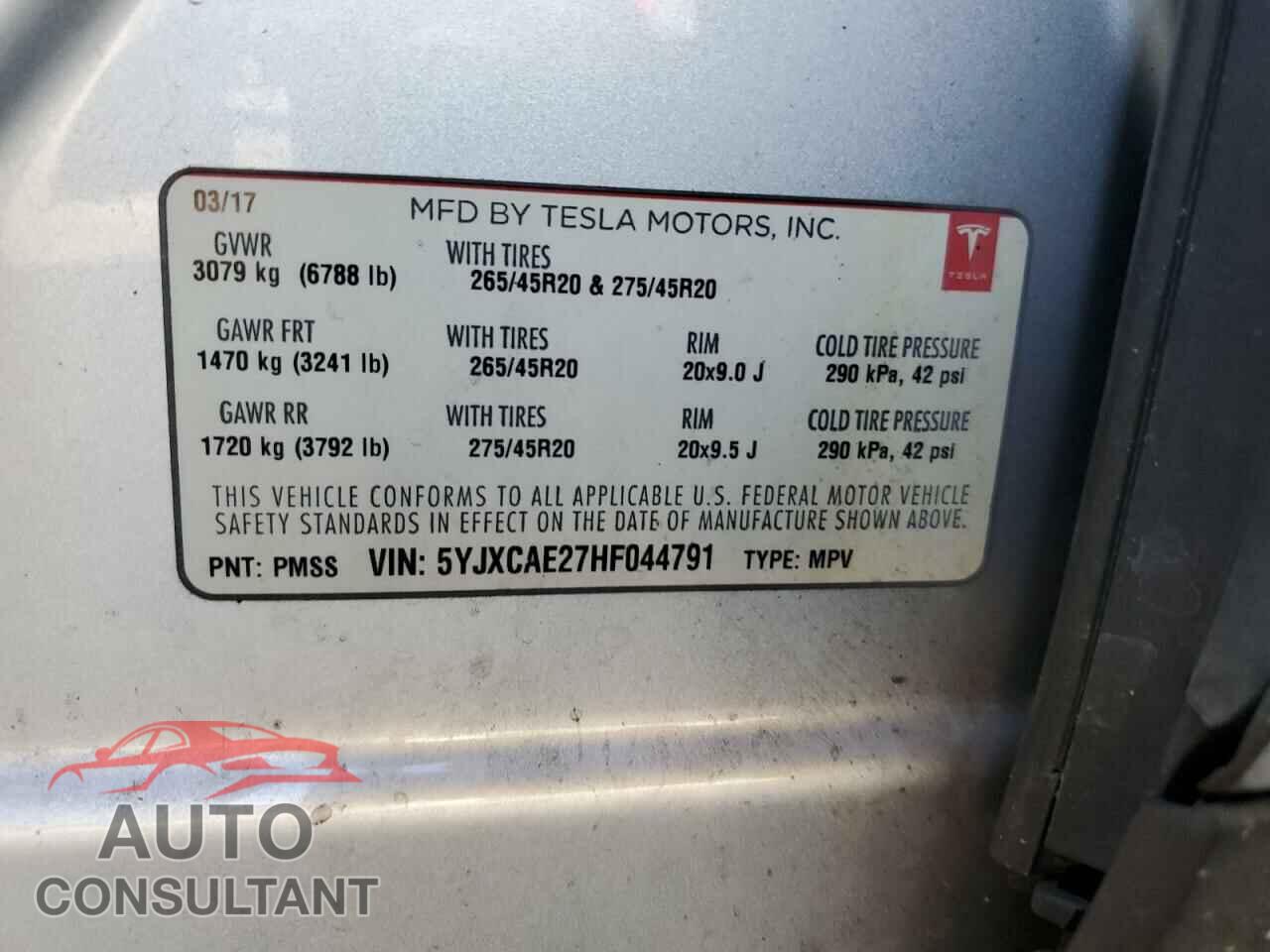 TESLA MODEL X 2017 - 5YJXCAE27HF044791
