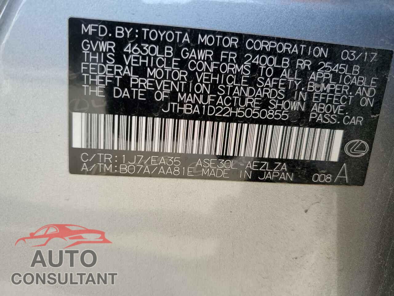 LEXUS IS 2017 - JTHBA1D22H5050855
