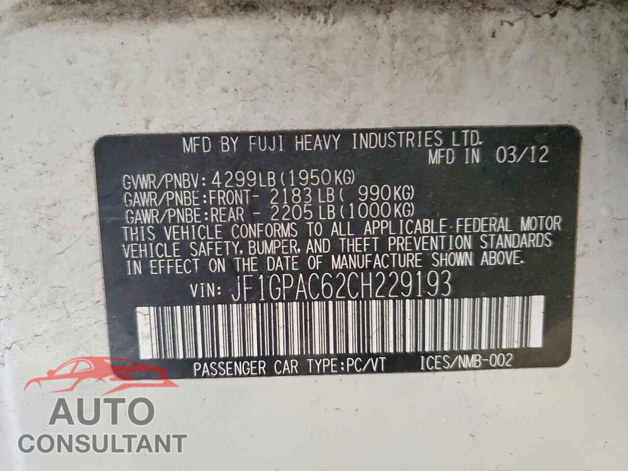 SUBARU IMPREZA 2012 - JF1GPAC62CH229193