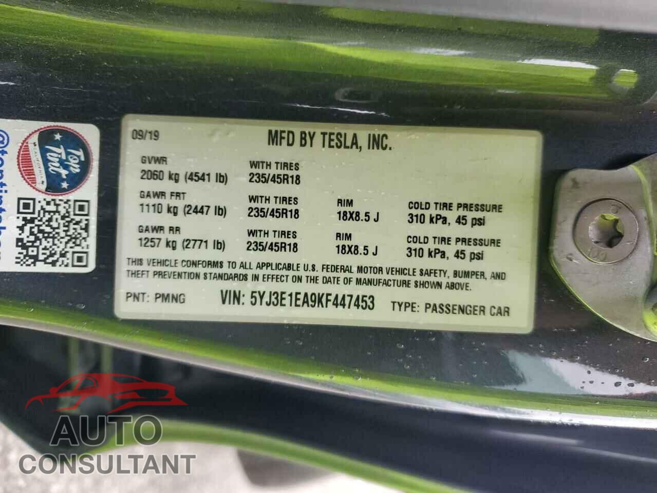 TESLA MODEL 3 2019 - 5YJ3E1EA9KF447453