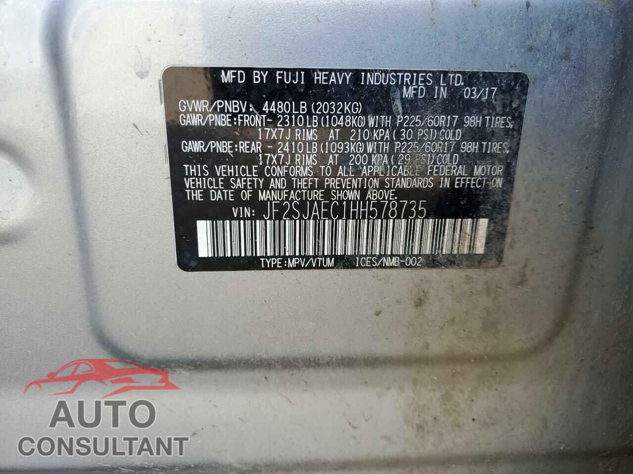 SUBARU FORESTER 2017 - JF2SJAEC1HH578735