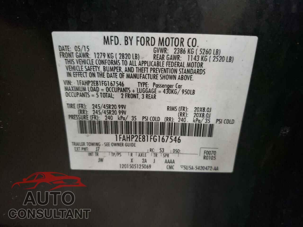 FORD TAURUS 2015 - 1FAHP2E81FG167546