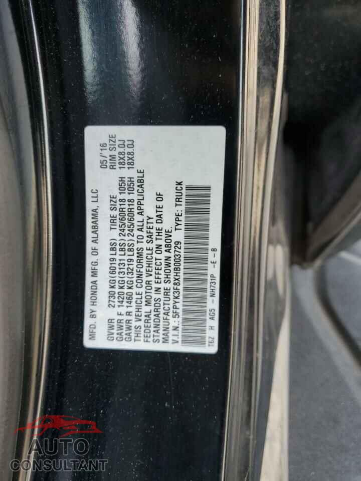 HONDA RIDGELINE 2017 - 5FPYK3F8XHB003729