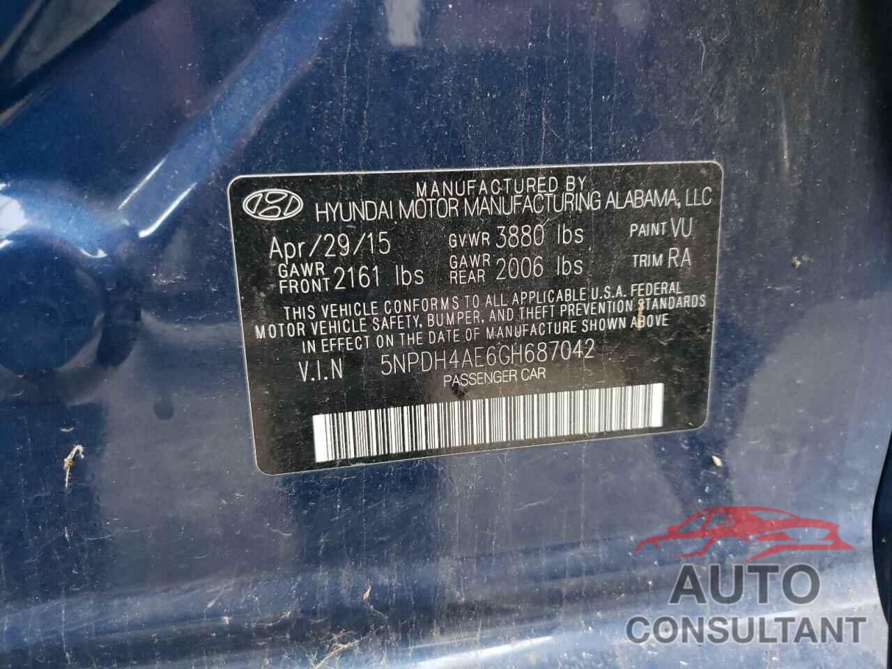 HYUNDAI ELANTRA 2016 - 5NPDH4AE6GH687042