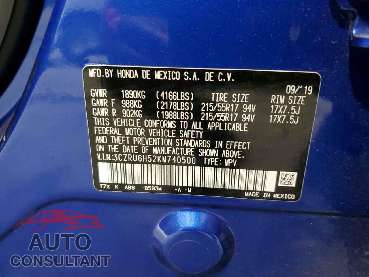 HONDA HR-V 2019 - 3CZRU6H52KM740500