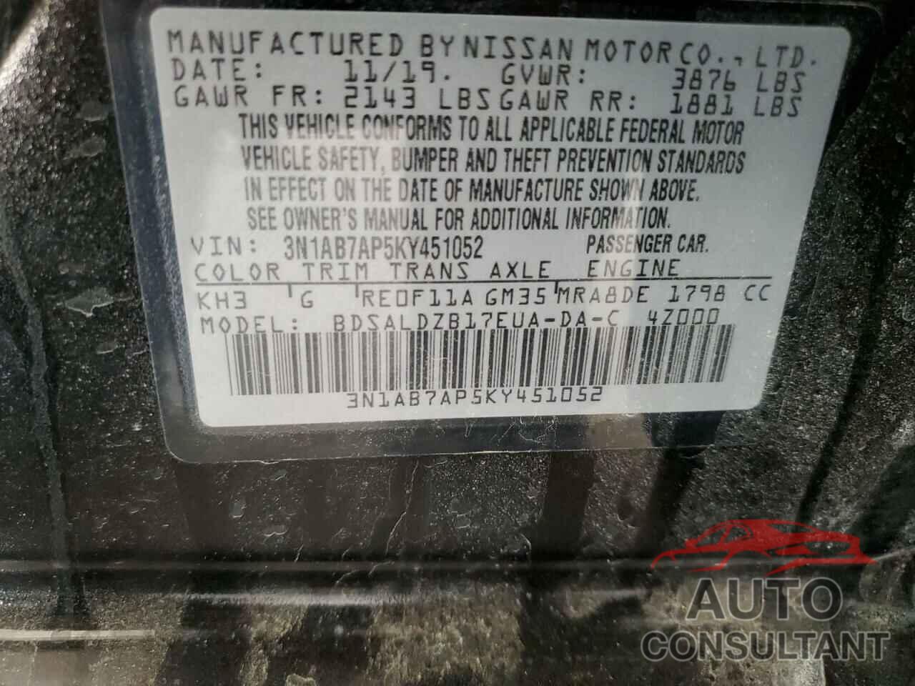 NISSAN SENTRA 2019 - 3N1AB7AP5KY451052