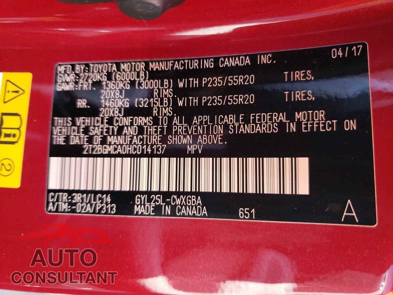 LEXUS RX450 2017 - 2T2BGMCA0HC014137
