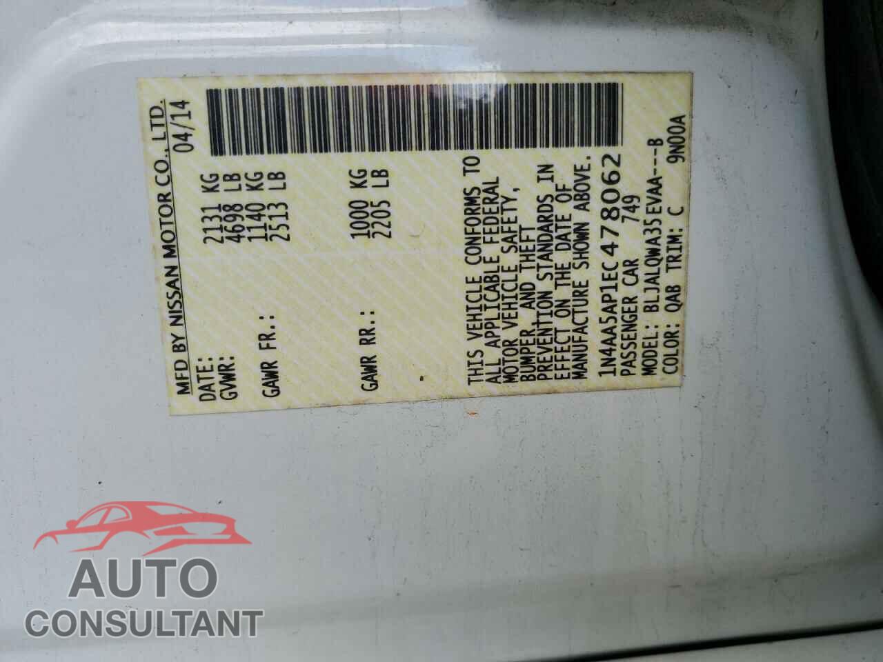 NISSAN MAXIMA 2014 - 1N4AA5AP1EC478062