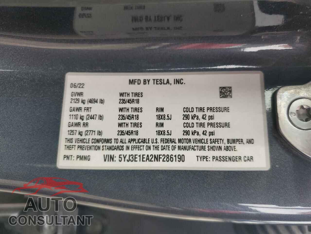 TESLA MODEL 3 2022 - 5YJ3E1EA2NF286190