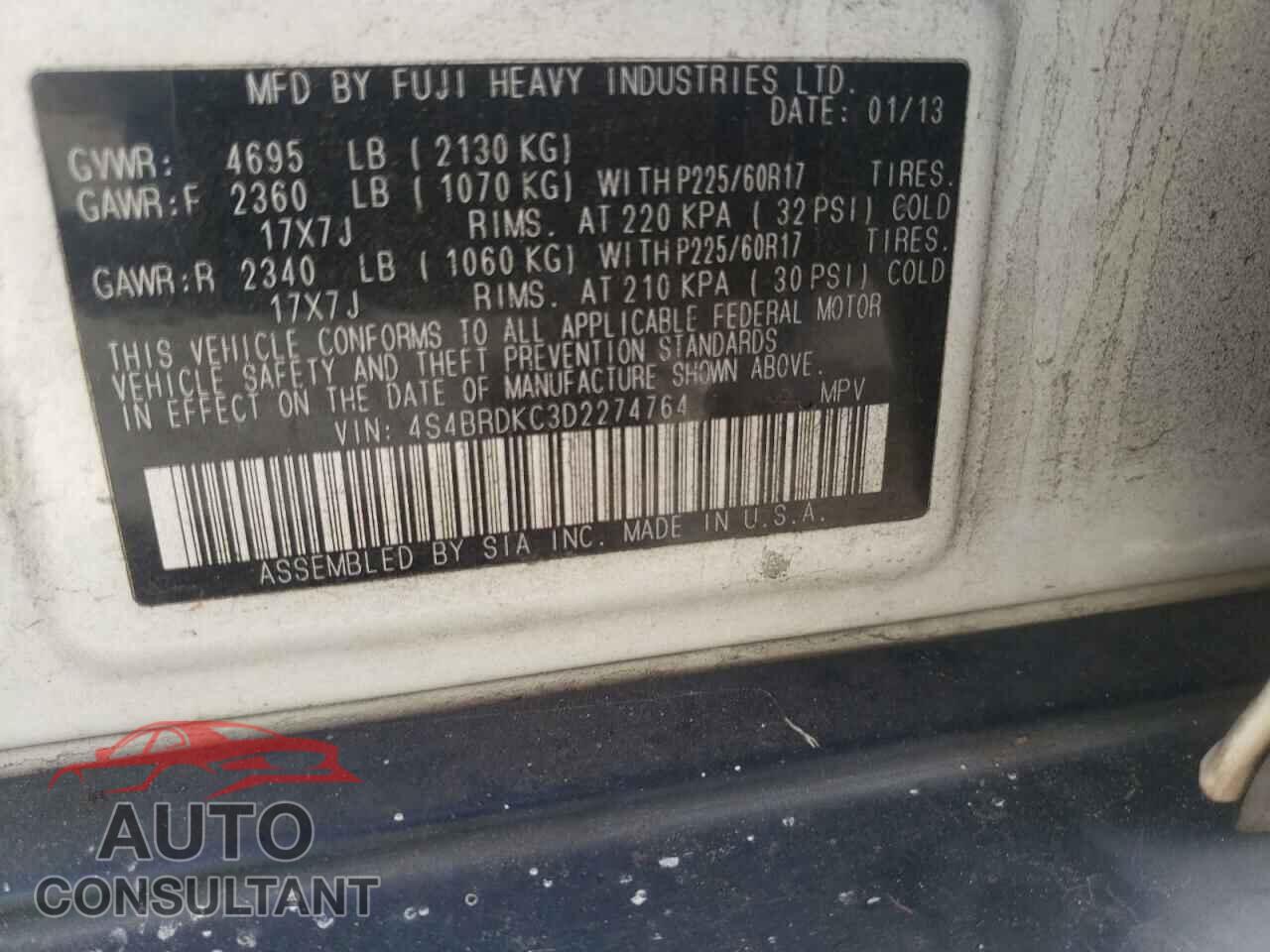SUBARU OUTBACK 2013 - 4S4BRDKC3D2274764