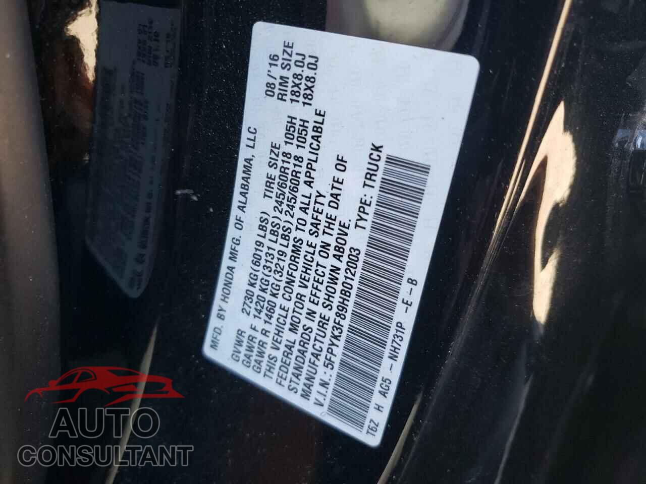 HONDA RIDGELINE 2017 - 5FPYK3F89HB012003
