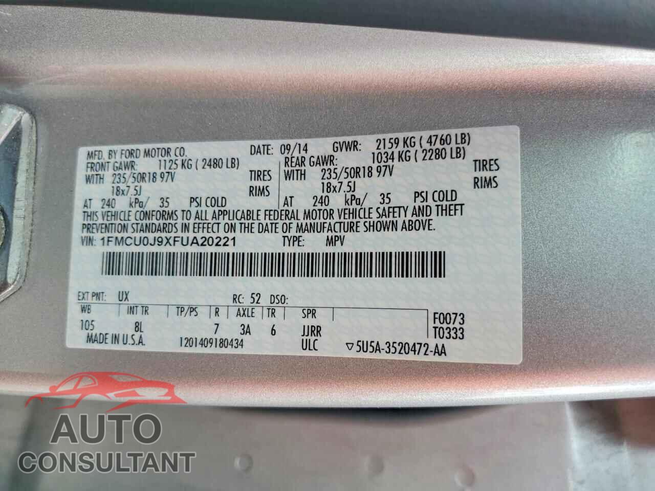 FORD ESCAPE 2015 - 1FMCU0J9XFUA20221