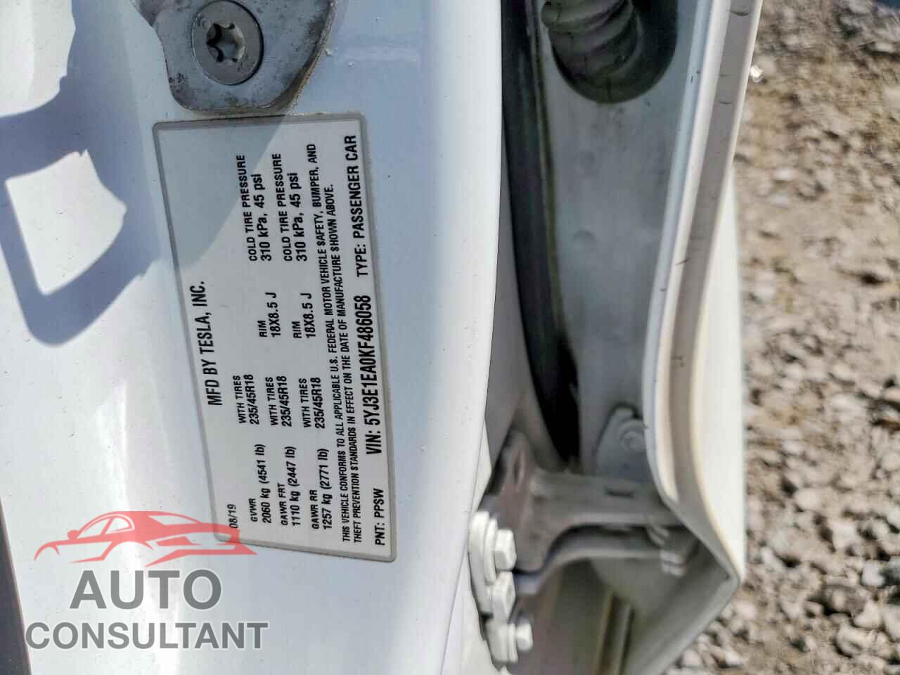 TESLA MODEL 3 2019 - 5YJ3E1EA0KF486058
