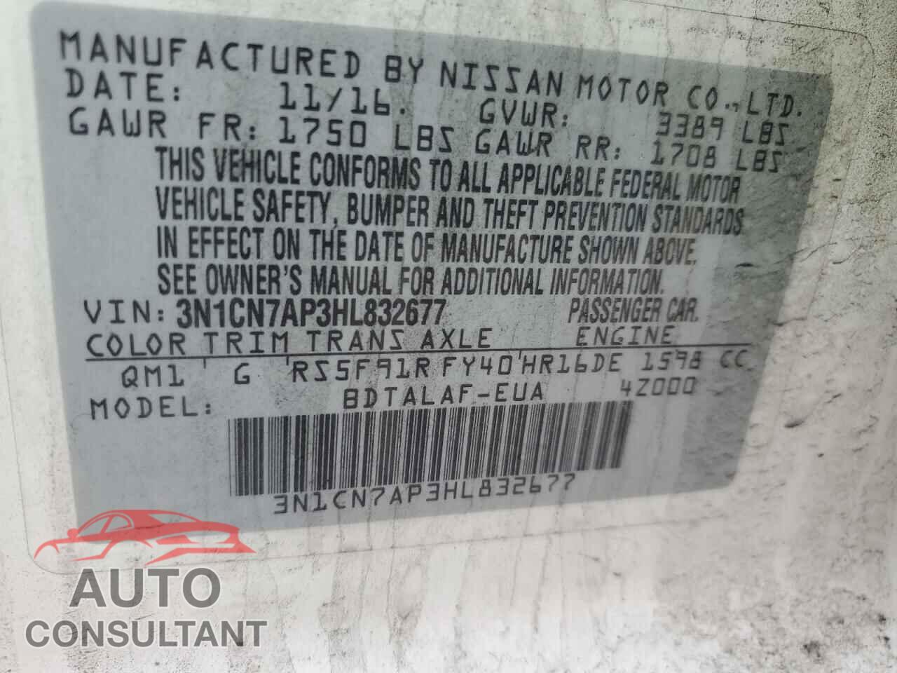 NISSAN VERSA 2017 - 3N1CN7AP3HL832677