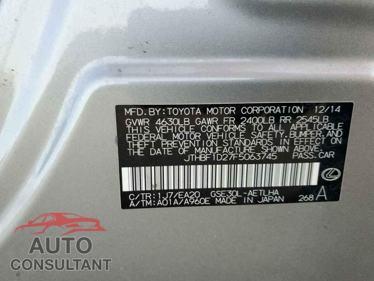 LEXUS IS 2015 - JTHBF1D27F5063745