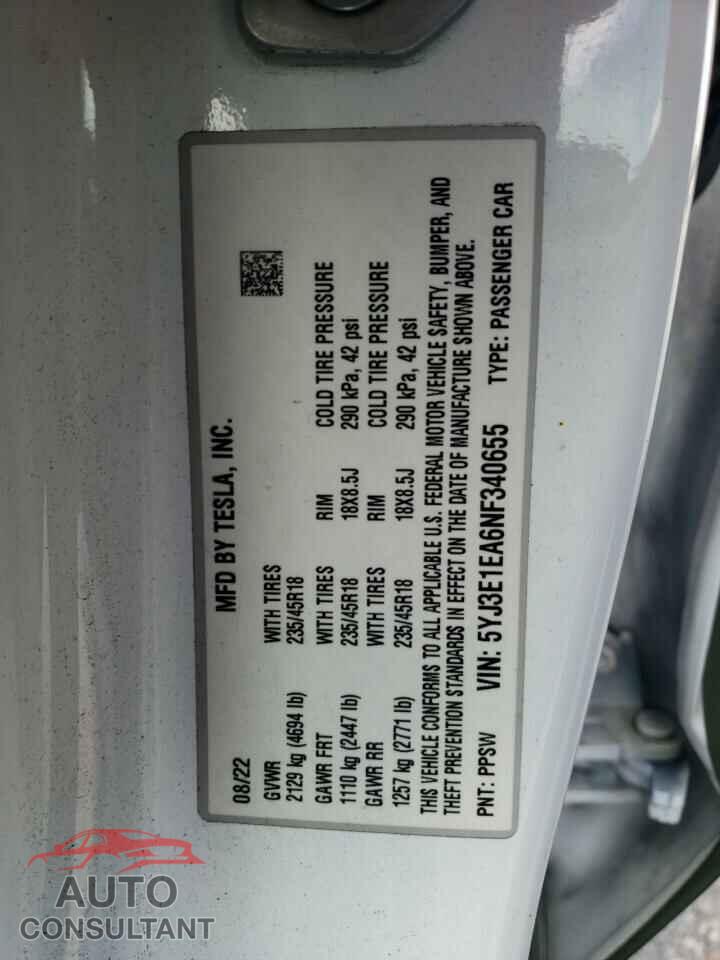 TESLA MODEL 3 2022 - 5YJ3E1EA6NF340655