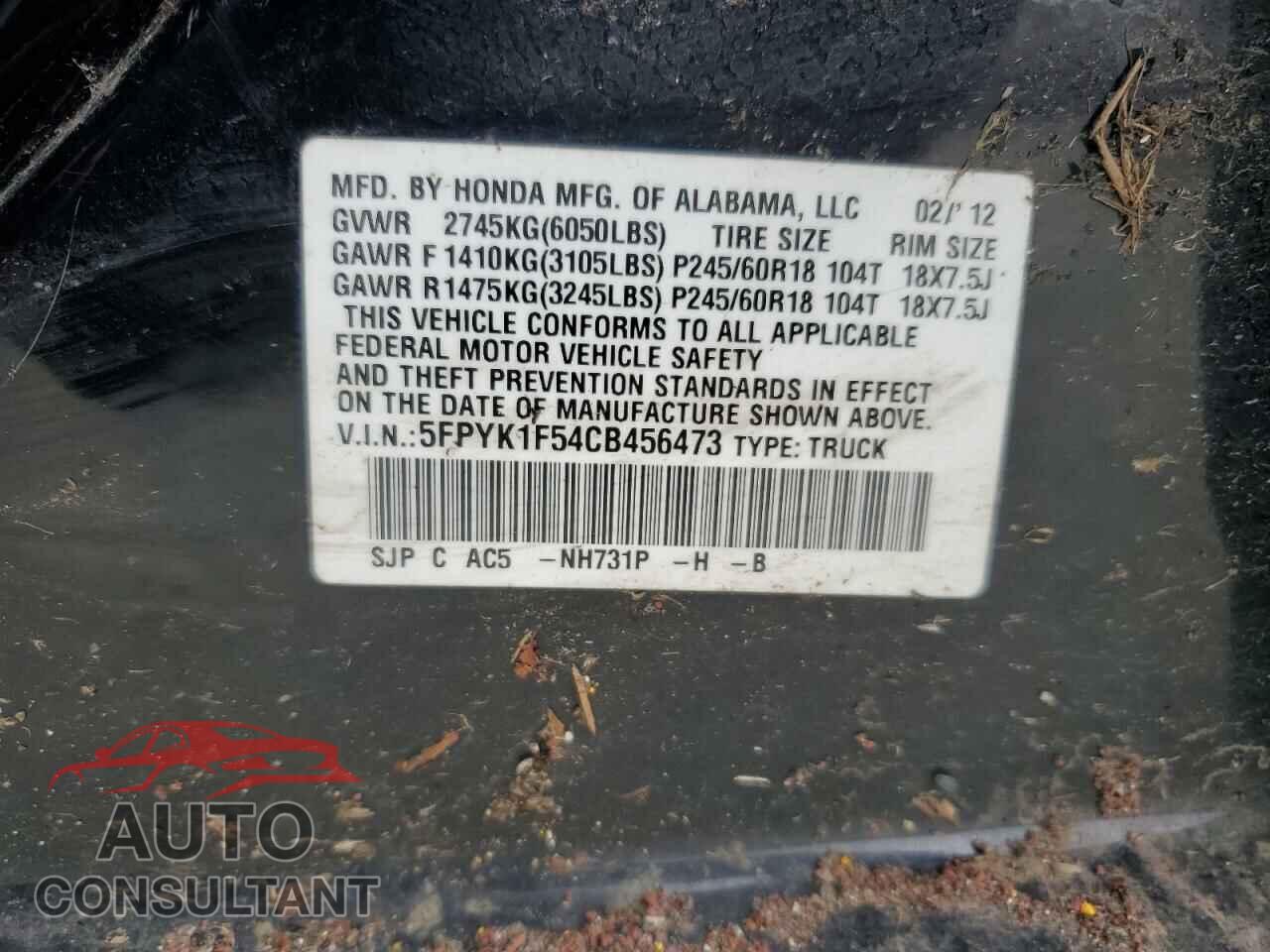 HONDA RIDGELINE 2012 - 5FPYK1F54CB456473