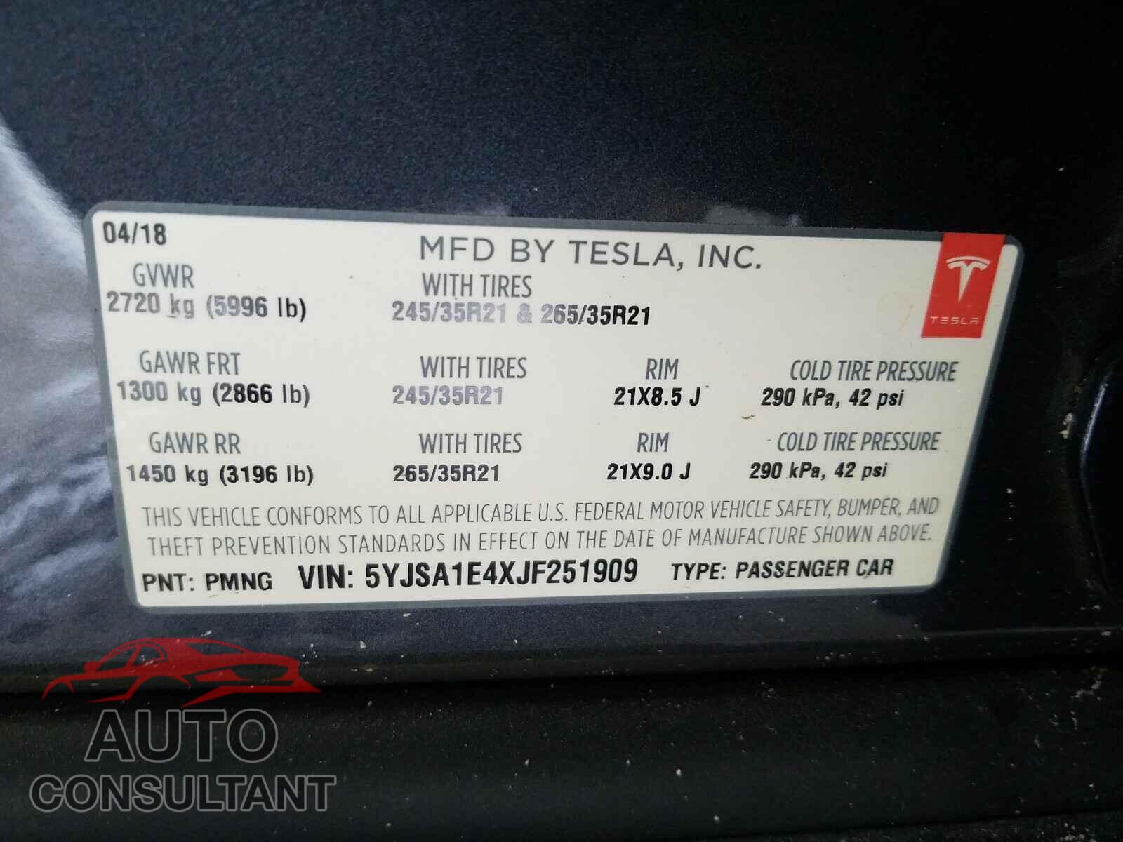 TESLA MODEL S 2018 - 5YJSA1E4XJF251909