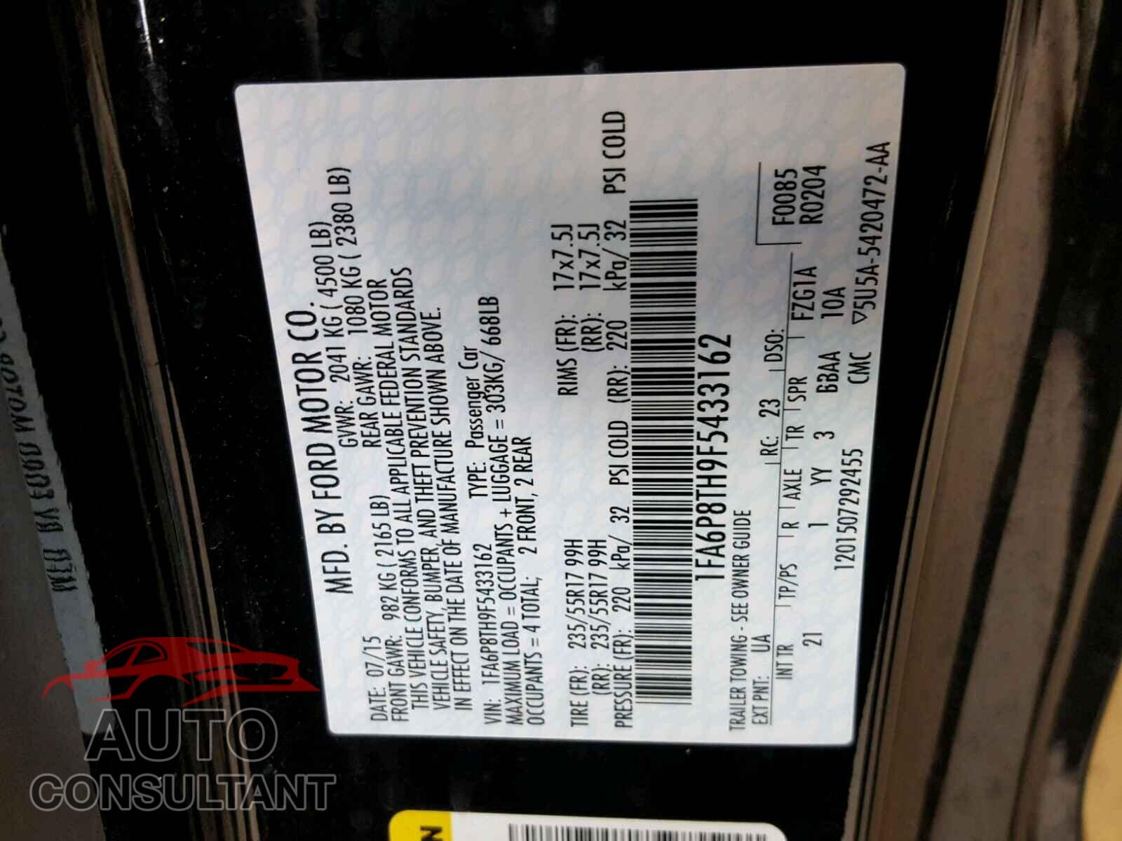 FORD MUSTANG 2015 - 1FA6P8TH9F5433162