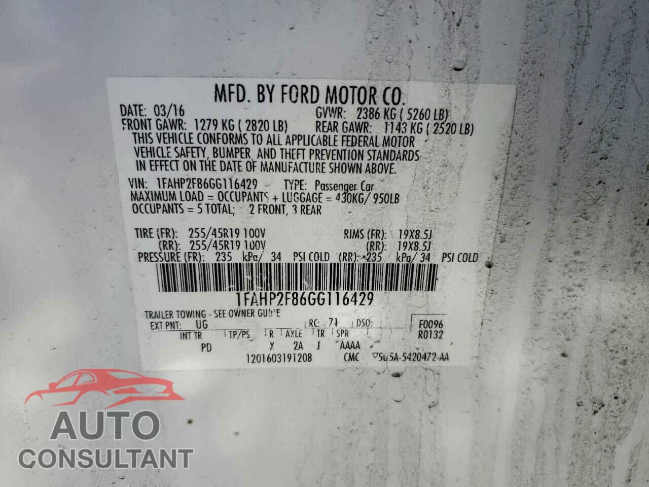 FORD TAURUS 2016 - 1FAHP2F86GG116429