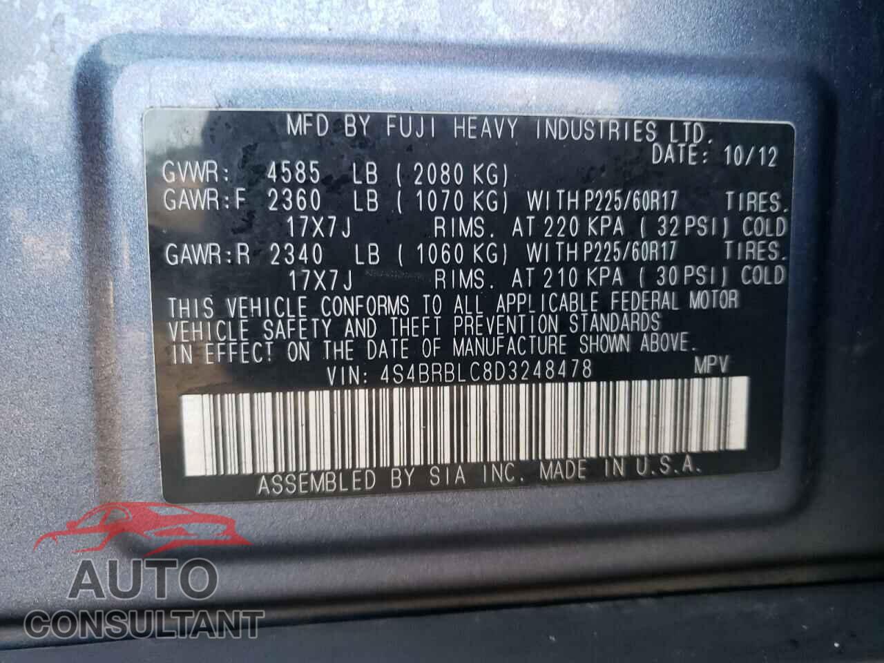 SUBARU OUTBACK 2013 - 4S4BRBLC8D3248478