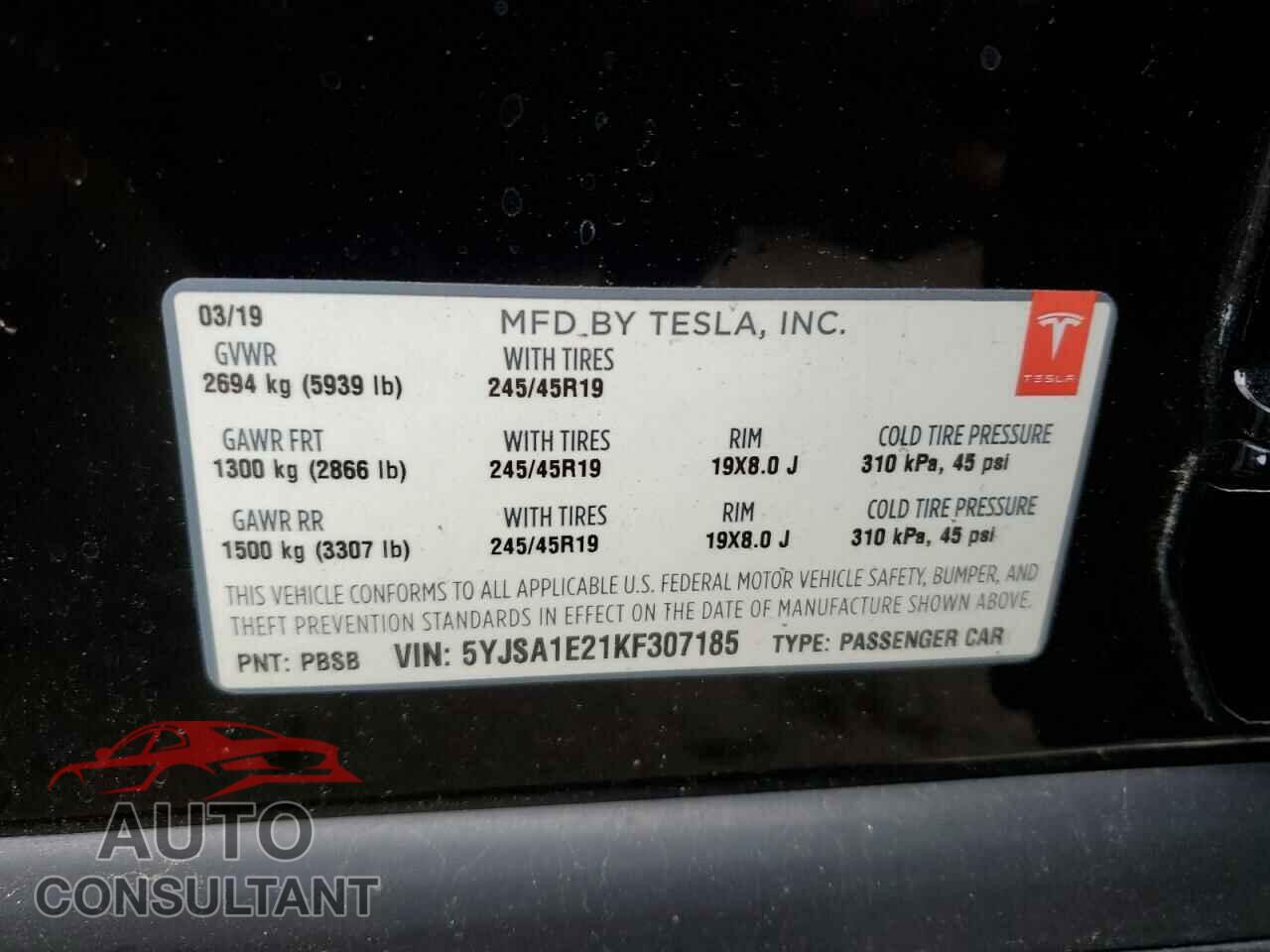 TESLA MODEL S 2019 - 5YJSA1E21KF307185