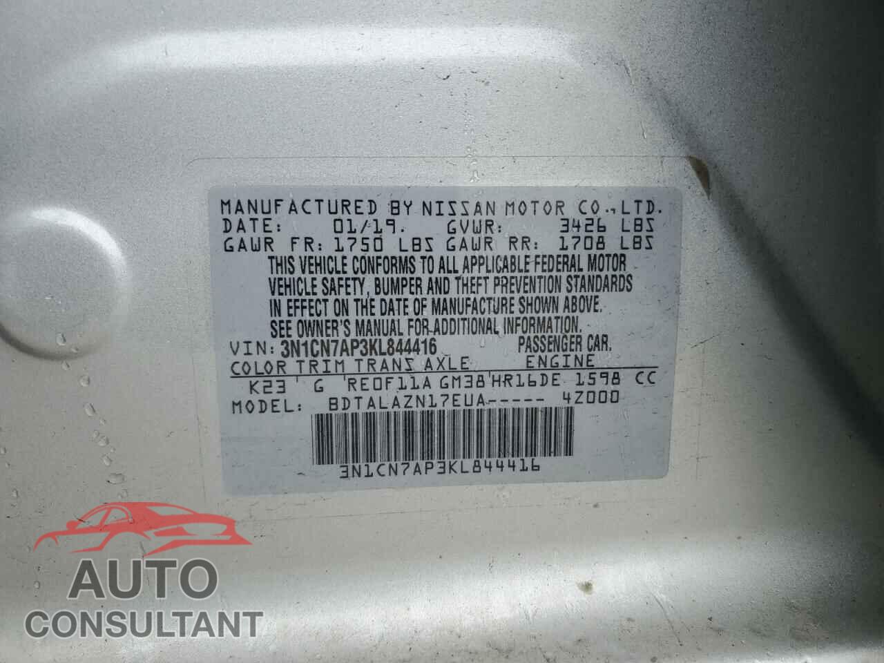 NISSAN VERSA 2019 - 3N1CN7AP3KL844416