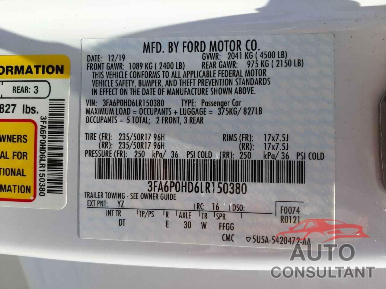 FORD FUSION 2020 - 3FA6P0HD6LR150380
