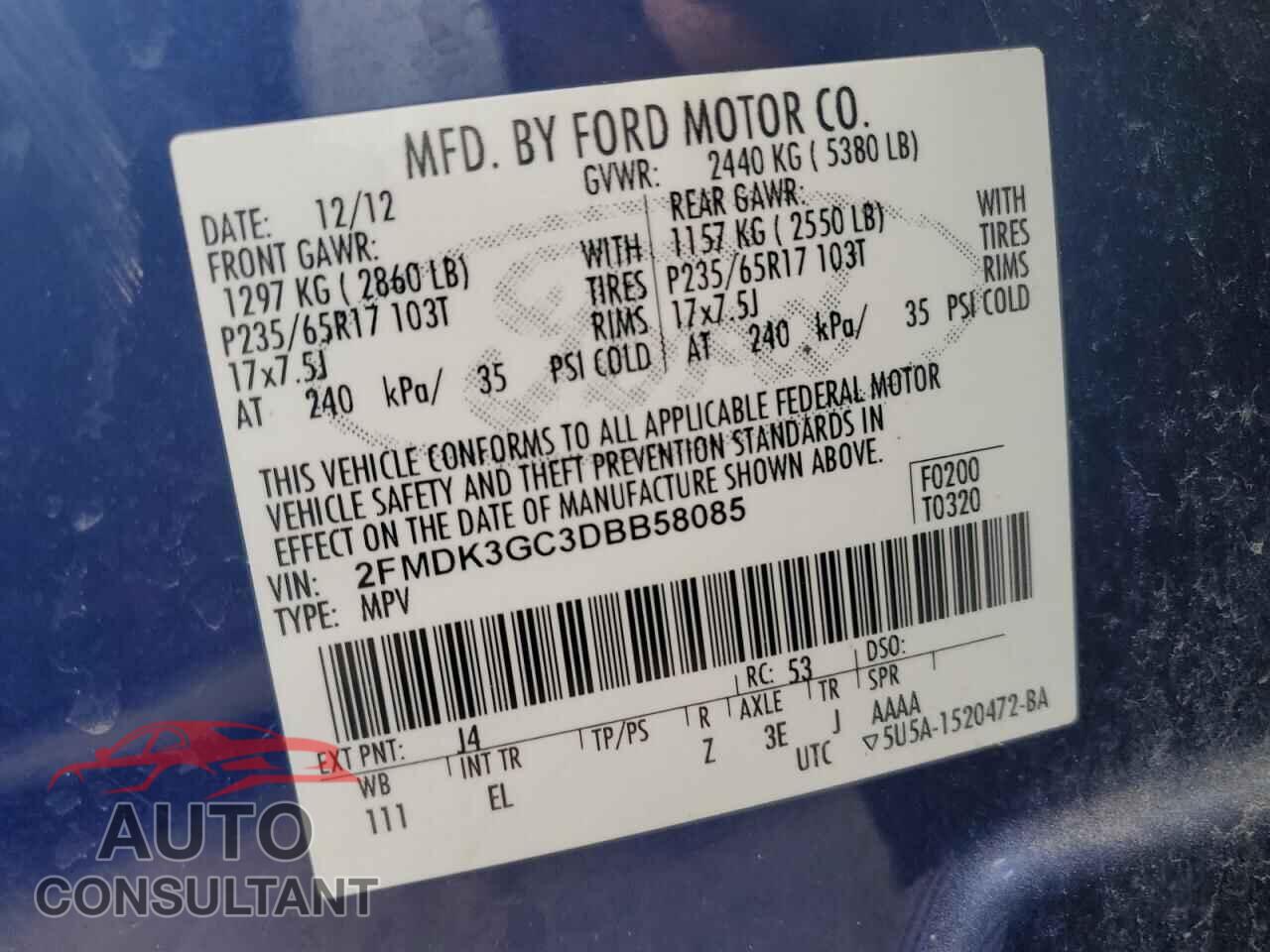 FORD EDGE 2013 - 2FMDK3GC3DBB58085