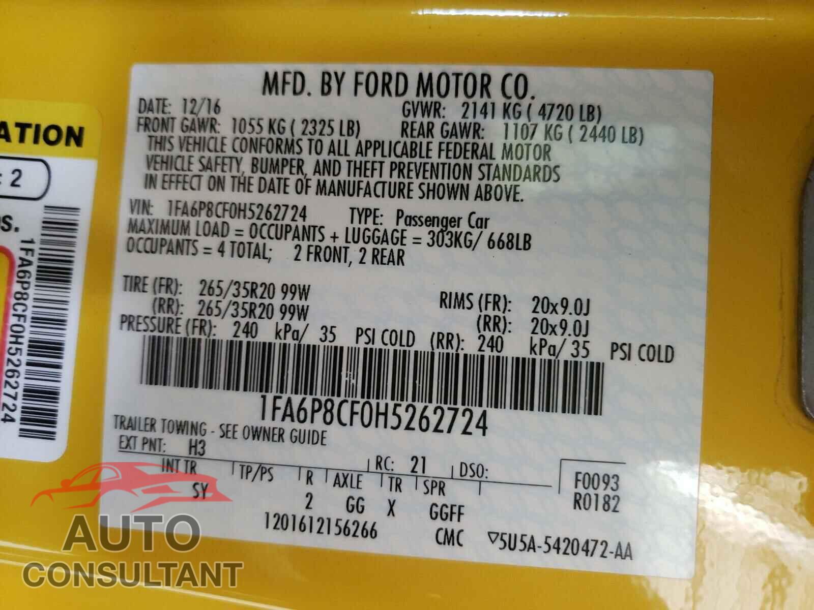 FORD MUSTANG 2017 - 1FA6P8CF0H5262724
