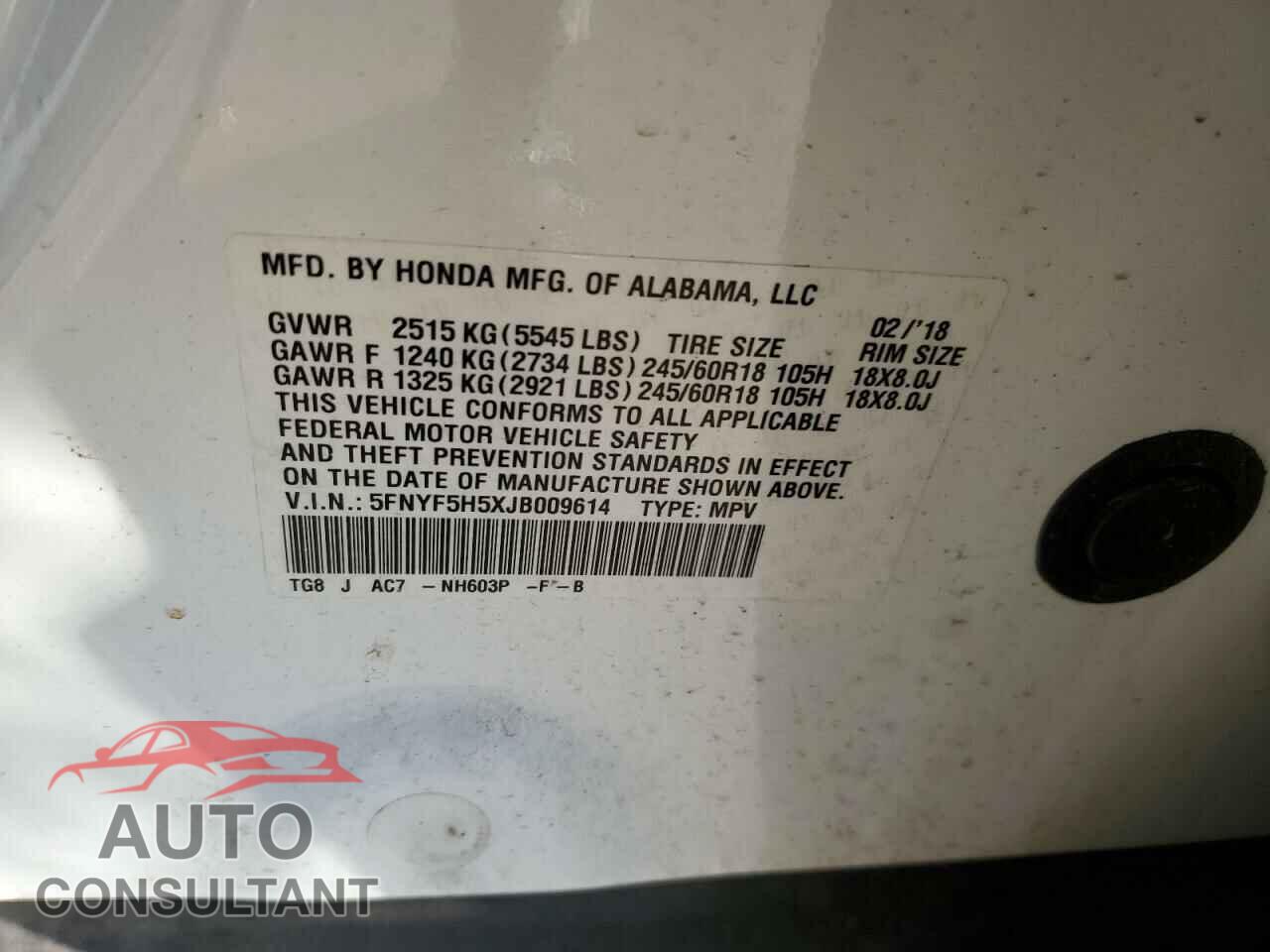 HONDA PILOT 2018 - 5FNYF5H5XJB009614