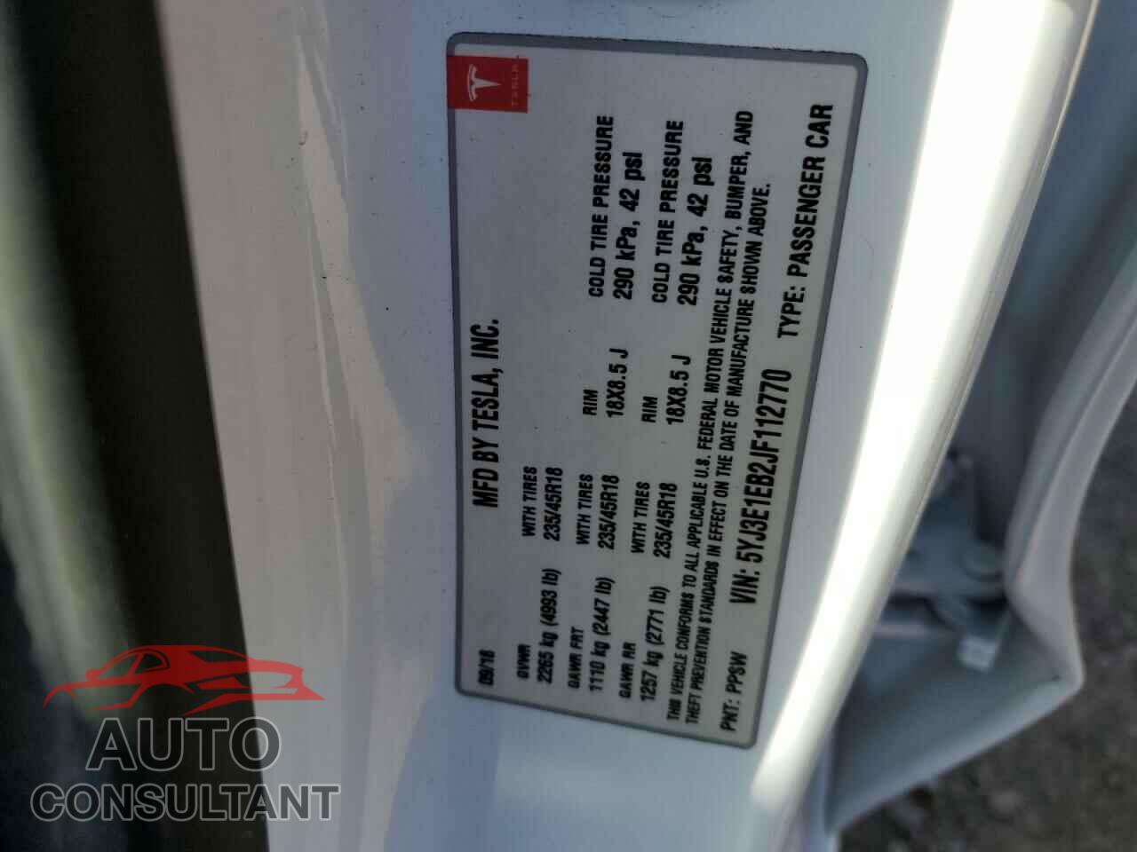 TESLA MODEL 3 2018 - 5YJ3E1EB2JF112770