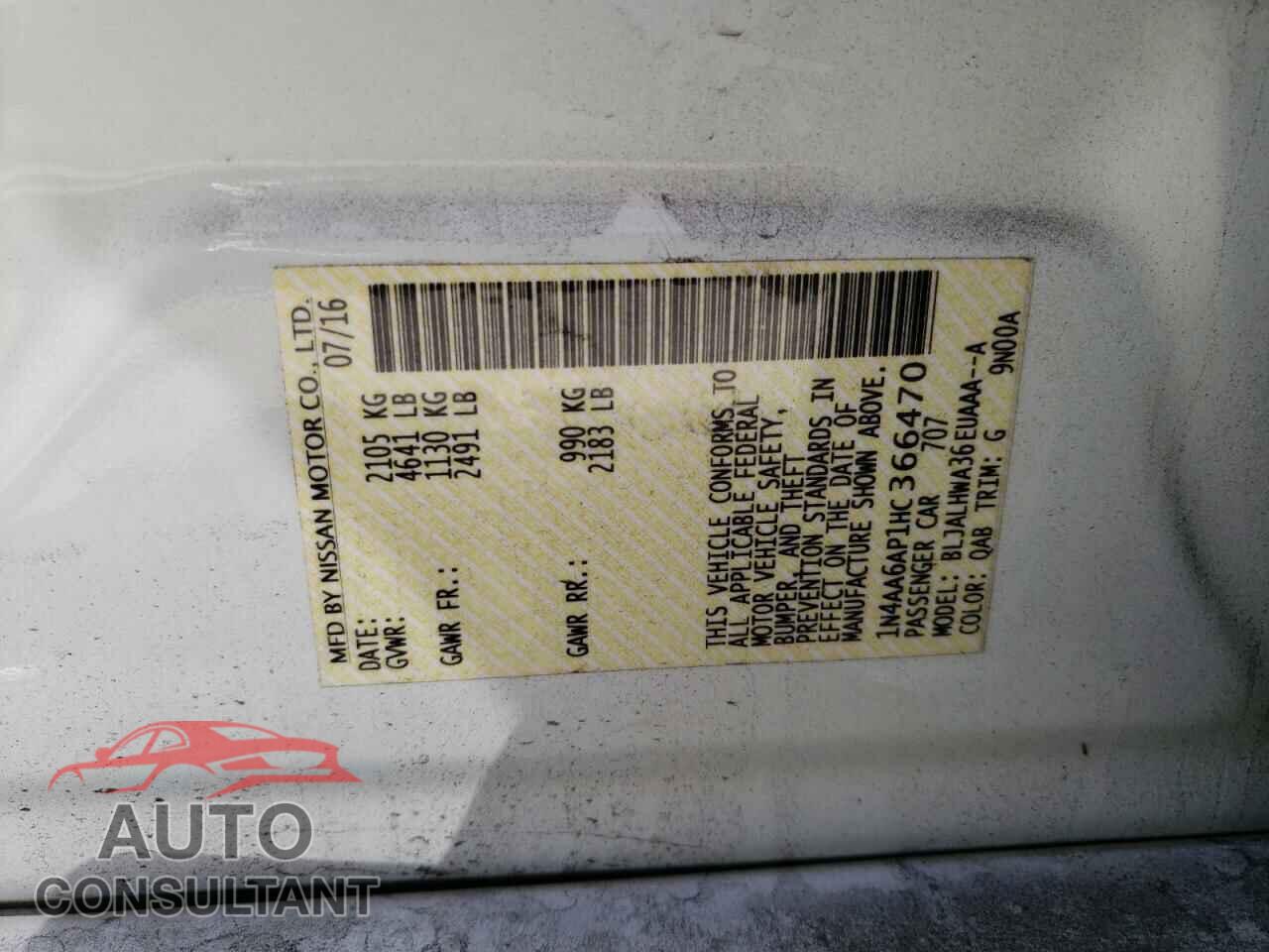 NISSAN MAXIMA 2017 - 1N4AA6AP1HC366470