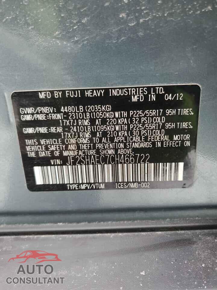 SUBARU FORESTER 2012 - JF2SHAEC7CH466722