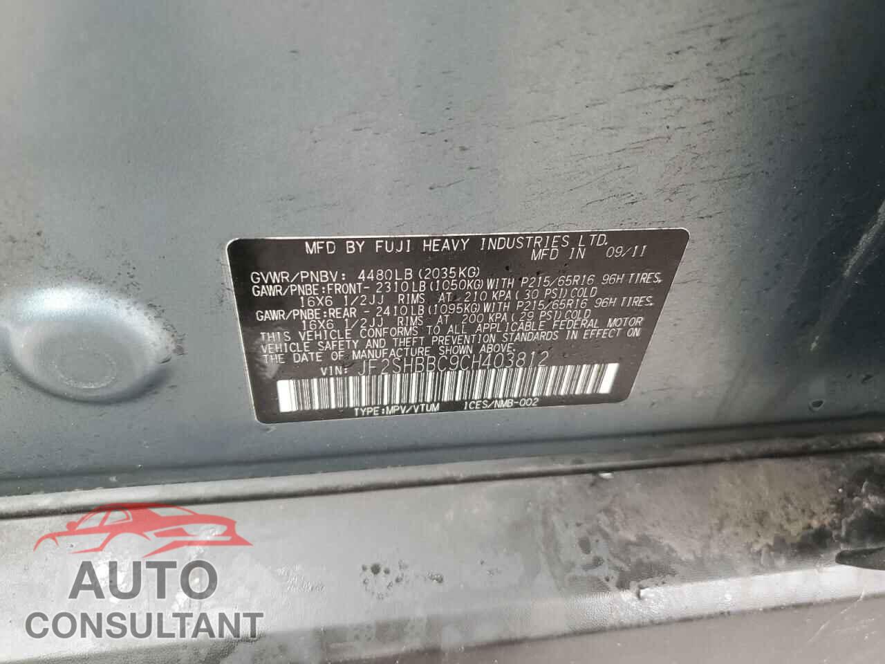 SUBARU FORESTER 2012 - JF2SHBBC9CH403812