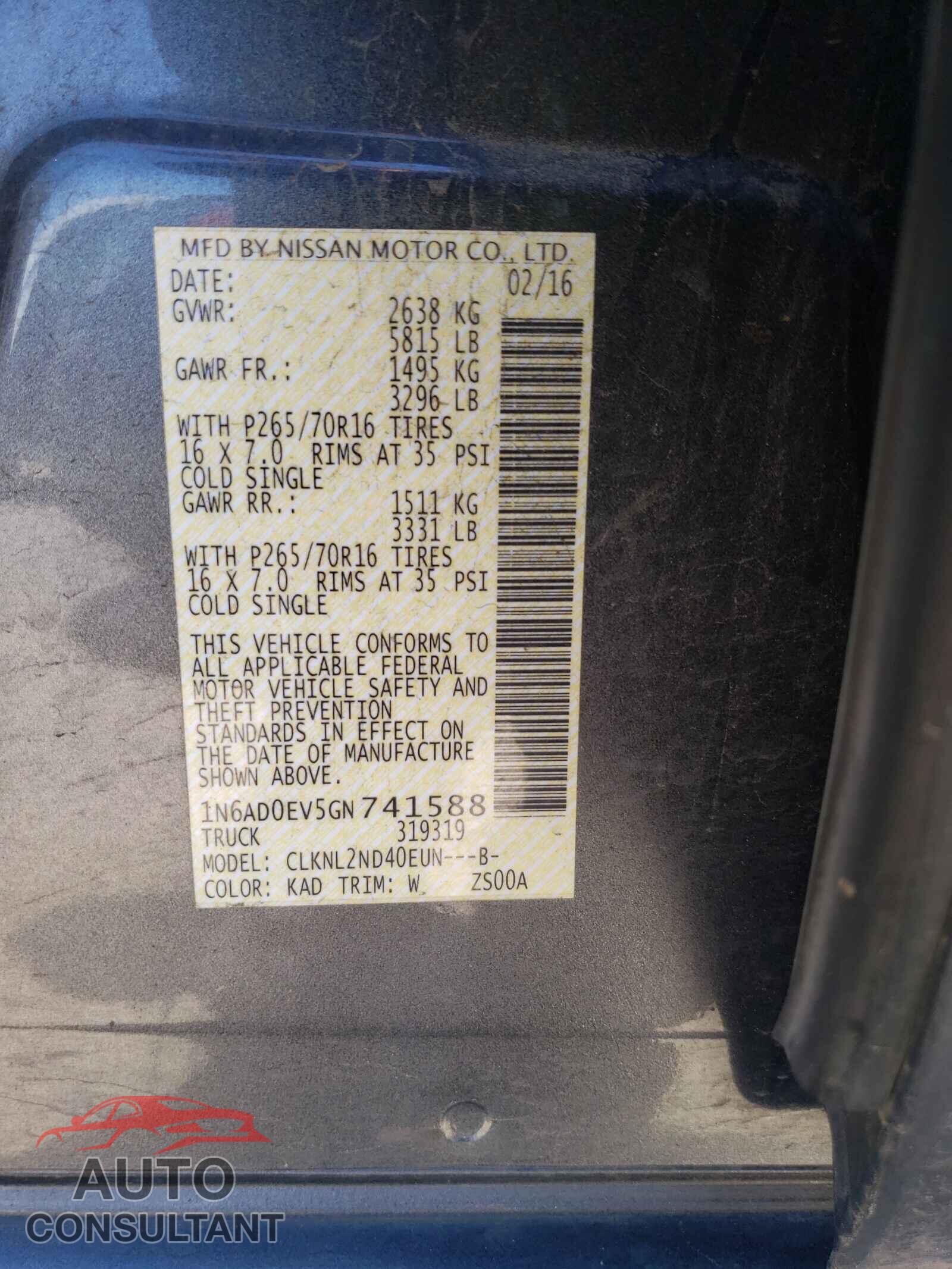 NISSAN FRONTIER 2016 - 1N6AD0EV5GN741588